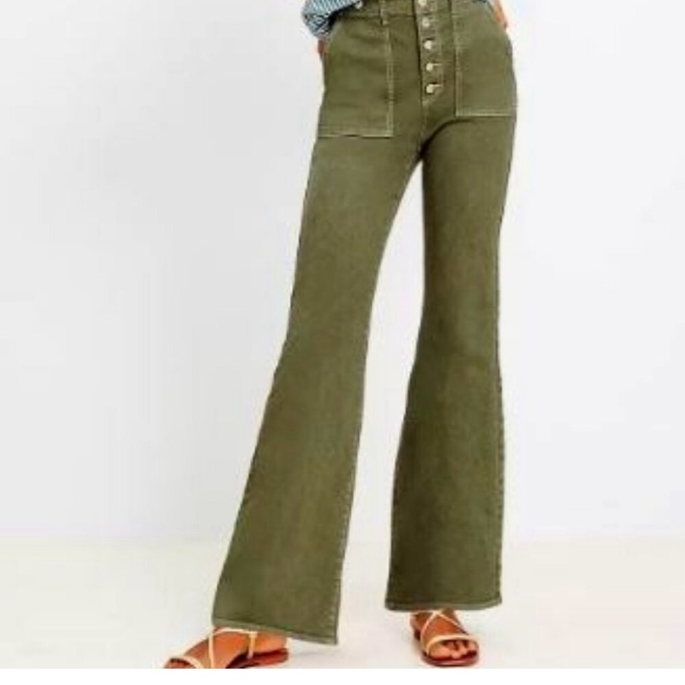 LOFT High Waisted Flared Leg Palmer Jeans- Olive Green